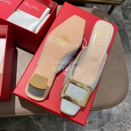 Roger Vivier Patent Leather Thick High Heeled Slippers For Women Blue