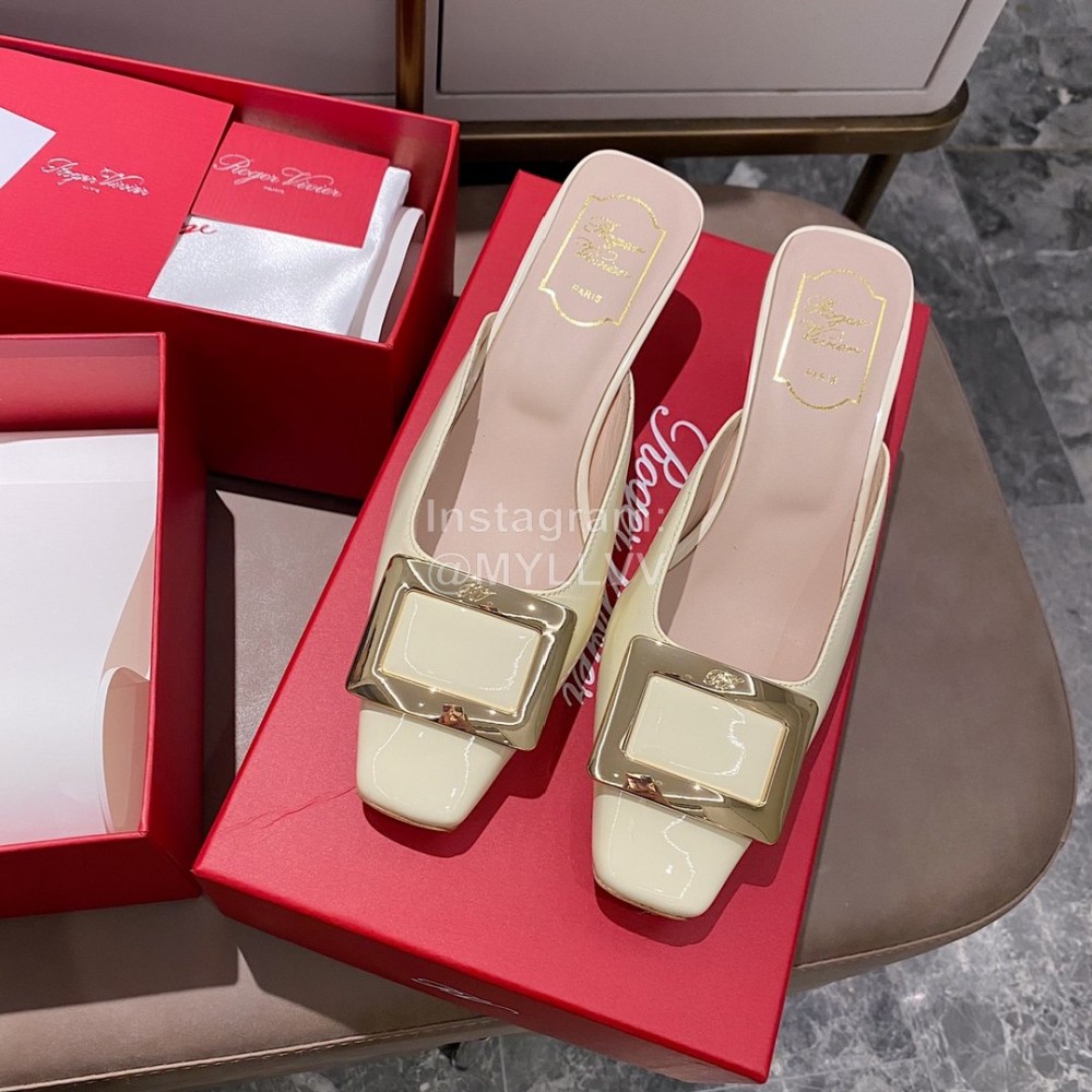 Roger Vivier Patent Leather Thick High Heeled Slippers For Women Beige