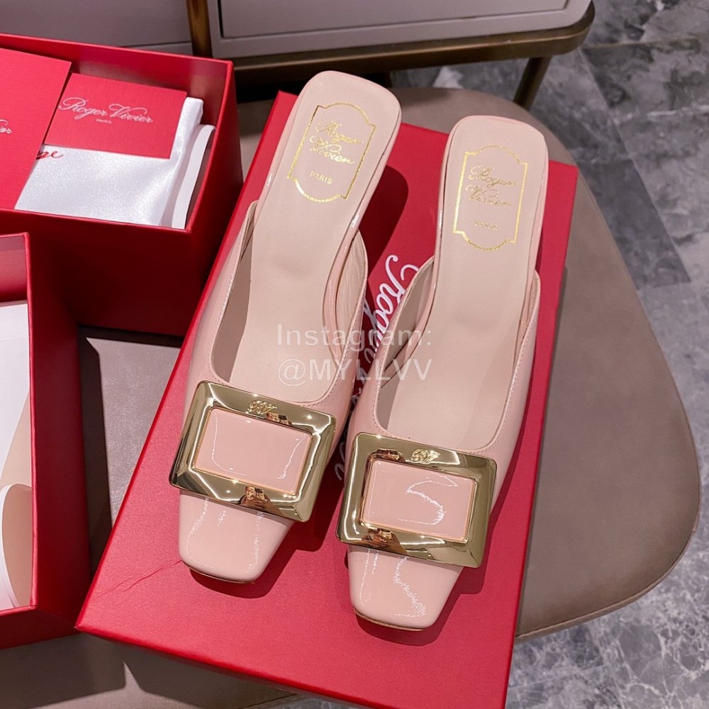 Roger Vivier Patent Leather Thick High Heeled Slippers Pink For Women