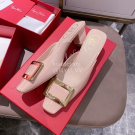 Roger Vivier Patent Leather Thick High Heeled Slippers Pink For Women