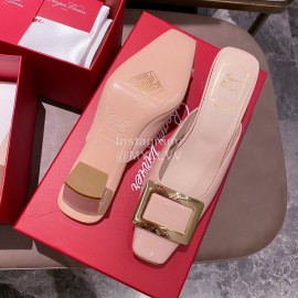 Roger Vivier Patent Leather Thick High Heeled Slippers Pink For Women