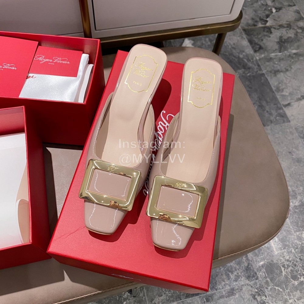 Roger Vivier Patent Leather Thick High Heeled Slippers For Women Apricot