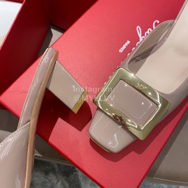 Roger Vivier Patent Leather Thick High Heeled Slippers For Women Apricot