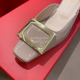 Roger Vivier Patent Leather Thick High Heeled Slippers For Women Apricot