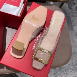 Roger Vivier Patent Leather Thick High Heeled Slippers For Women Apricot