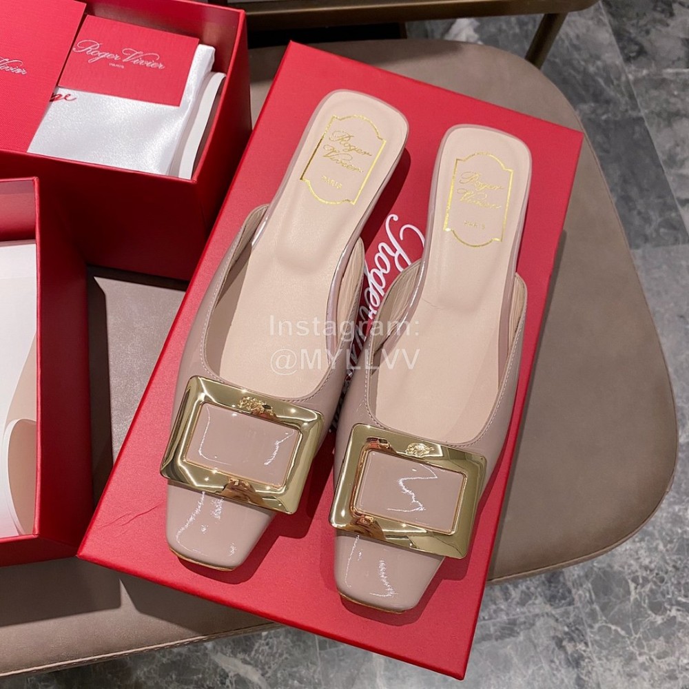 Roger Vivier New Patent Leather Thick High Heeled Slippers For Women Apricot