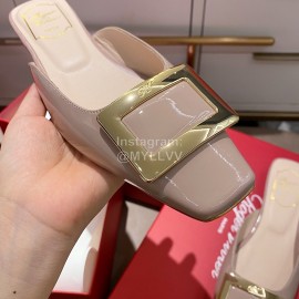 Roger Vivier New Patent Leather Thick High Heeled Slippers For Women Apricot