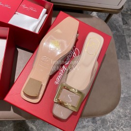 Roger Vivier New Patent Leather Thick High Heeled Slippers For Women Apricot