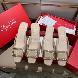 Roger Vivier New Patent Leather Thick High Heeled Slippers For Women Apricot