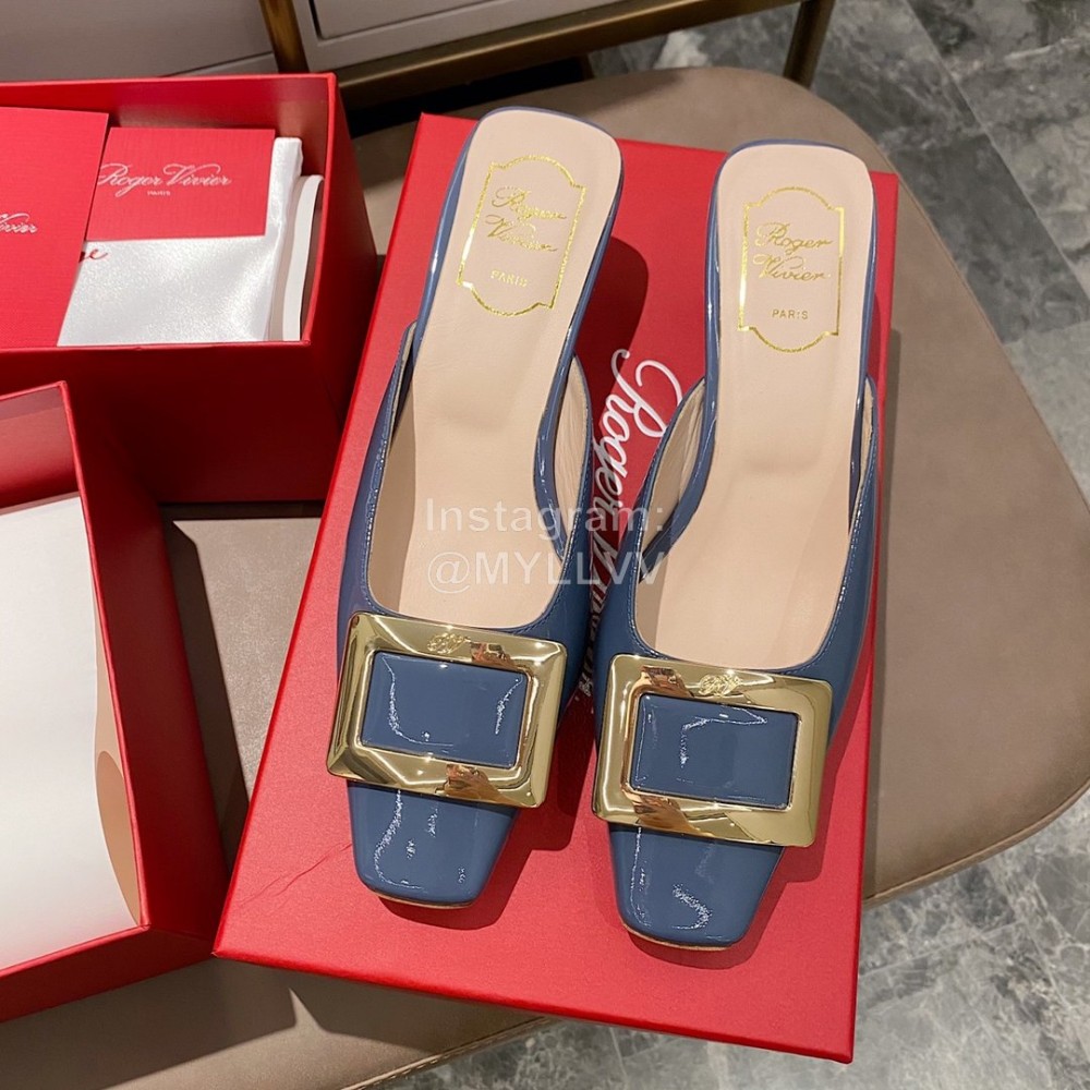 Roger Vivier Patent Leather Thick High Heeled Slippers Blue For Women 