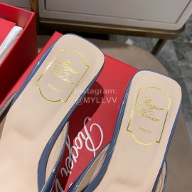 Roger Vivier Patent Leather Thick High Heeled Slippers Blue For Women 