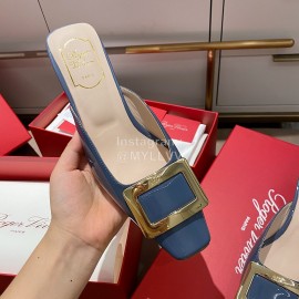 Roger Vivier Patent Leather Thick High Heeled Slippers Blue For Women 