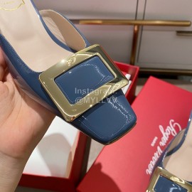 Roger Vivier Patent Leather Thick High Heeled Slippers Blue For Women 