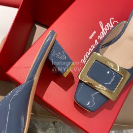Roger Vivier Patent Leather Thick High Heeled Slippers Blue For Women 