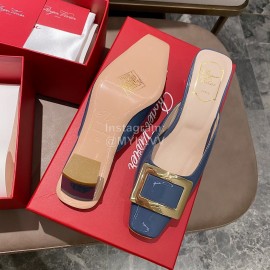 Roger Vivier Patent Leather Thick High Heeled Slippers Blue For Women 