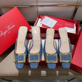 Roger Vivier Patent Leather Thick High Heeled Slippers Blue For Women 