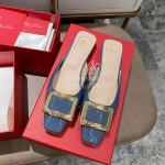 Roger Vivier New Patent Leather Thick High Heeled Slippers Blue For Women 