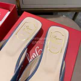 Roger Vivier New Patent Leather Thick High Heeled Slippers Blue For Women 