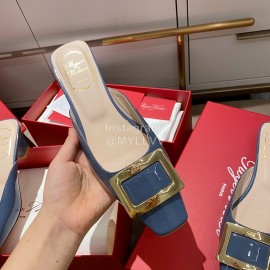 Roger Vivier New Patent Leather Thick High Heeled Slippers Blue For Women 