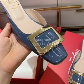 Roger Vivier New Patent Leather Thick High Heeled Slippers Blue For Women 