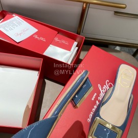 Roger Vivier New Patent Leather Thick High Heeled Slippers Blue For Women 