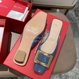Roger Vivier New Patent Leather Thick High Heeled Slippers Blue For Women 
