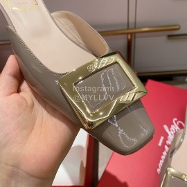 Roger Vivier New Patent Leather Thick High Heeled Slippers For Women 