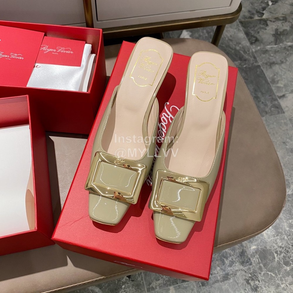 Roger Vivier Patent Leather Thick High Heeled Slippers For Women Gray