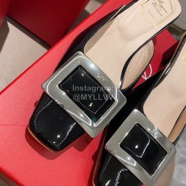 Roger Vivier Patent Leather Thick High Heeled Slippers For Women Black