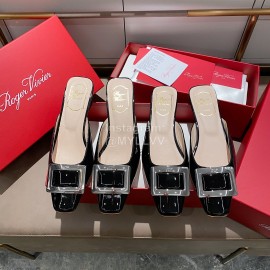 Roger Vivier Patent Leather Thick High Heeled Slippers For Women Black