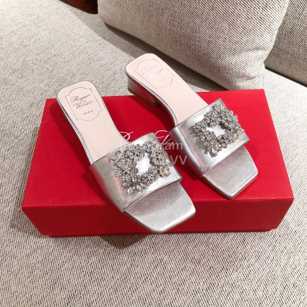 Roger Vivier Leather Diamond Thick High Heeled Slippers For Women Silver