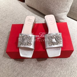 Roger Vivier Leather Diamond Thick High Heeled Slippers For Women Silver