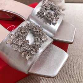 Roger Vivier Leather Diamond Thick High Heeled Slippers For Women Silver