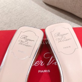 Roger Vivier Leather Diamond Thick High Heeled Slippers For Women Silver