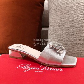 Roger Vivier Leather Diamond Thick High Heeled Slippers For Women Silver