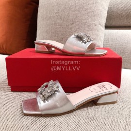 Roger Vivier Leather Diamond Thick High Heeled Slippers For Women Silver