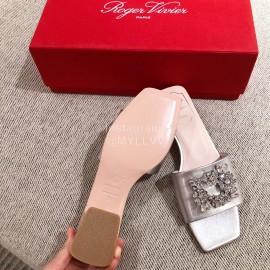 Roger Vivier Leather Diamond Thick High Heeled Slippers For Women Silver