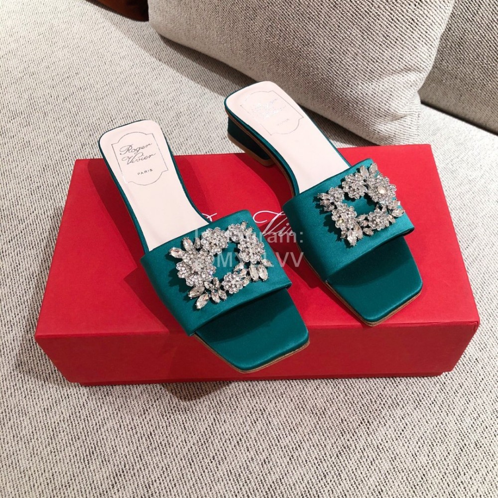 Roger Vivier Leather Diamond Thick High Heeled Slippers For Women Green