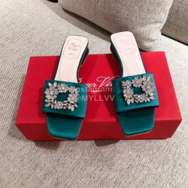 Roger Vivier Leather Diamond Thick High Heeled Slippers For Women Green