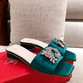 Roger Vivier Leather Diamond Thick High Heeled Slippers For Women Green