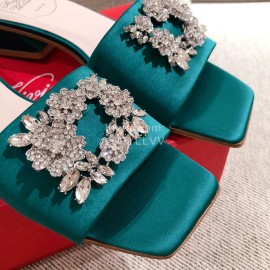 Roger Vivier Leather Diamond Thick High Heeled Slippers For Women Green