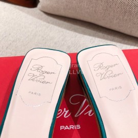 Roger Vivier Leather Diamond Thick High Heeled Slippers For Women Green