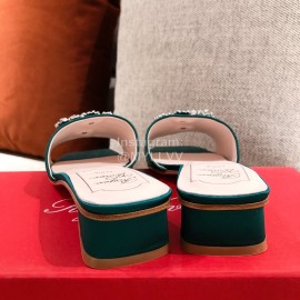 Roger Vivier Leather Diamond Thick High Heeled Slippers For Women Green
