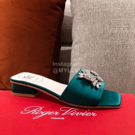 Roger Vivier Leather Diamond Thick High Heeled Slippers For Women Green