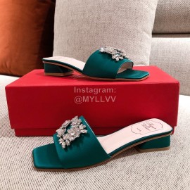 Roger Vivier Leather Diamond Thick High Heeled Slippers For Women Green