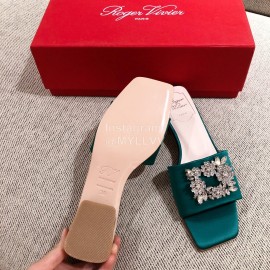 Roger Vivier Leather Diamond Thick High Heeled Slippers For Women Green