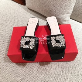 Roger Vivier Leather Diamond Thick High Heeled Slippers For Women Black