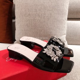 Roger Vivier Leather Diamond Thick High Heeled Slippers For Women Black