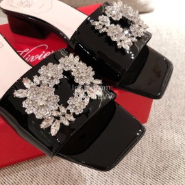 Roger Vivier Leather Diamond Thick High Heeled Slippers For Women Black