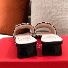 Roger Vivier Leather Diamond Thick High Heeled Slippers For Women Black